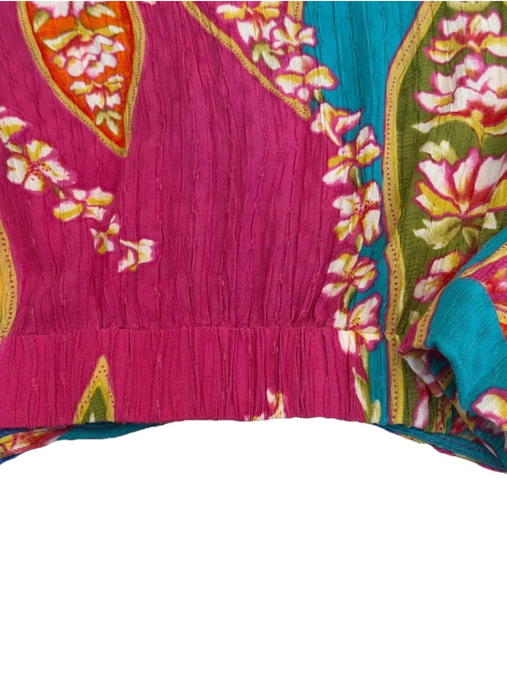 Haute Hippie Turquoise Floral Surplice Blouse with Pink Accents - Picture 7 of 8